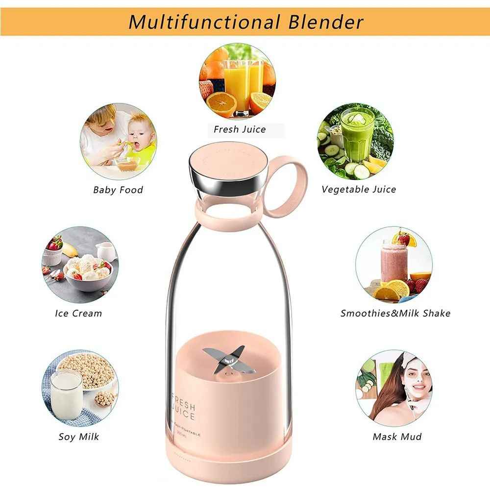 Portable and Electric Blender Bottle Juicer for Shakes and Smoothies, Mini Juicer Bottle for Traveling (Multicolour) USB Chargeable Juicer Blender6 Blades 380ml-Portable Juicer Cup & Smoothie Maker